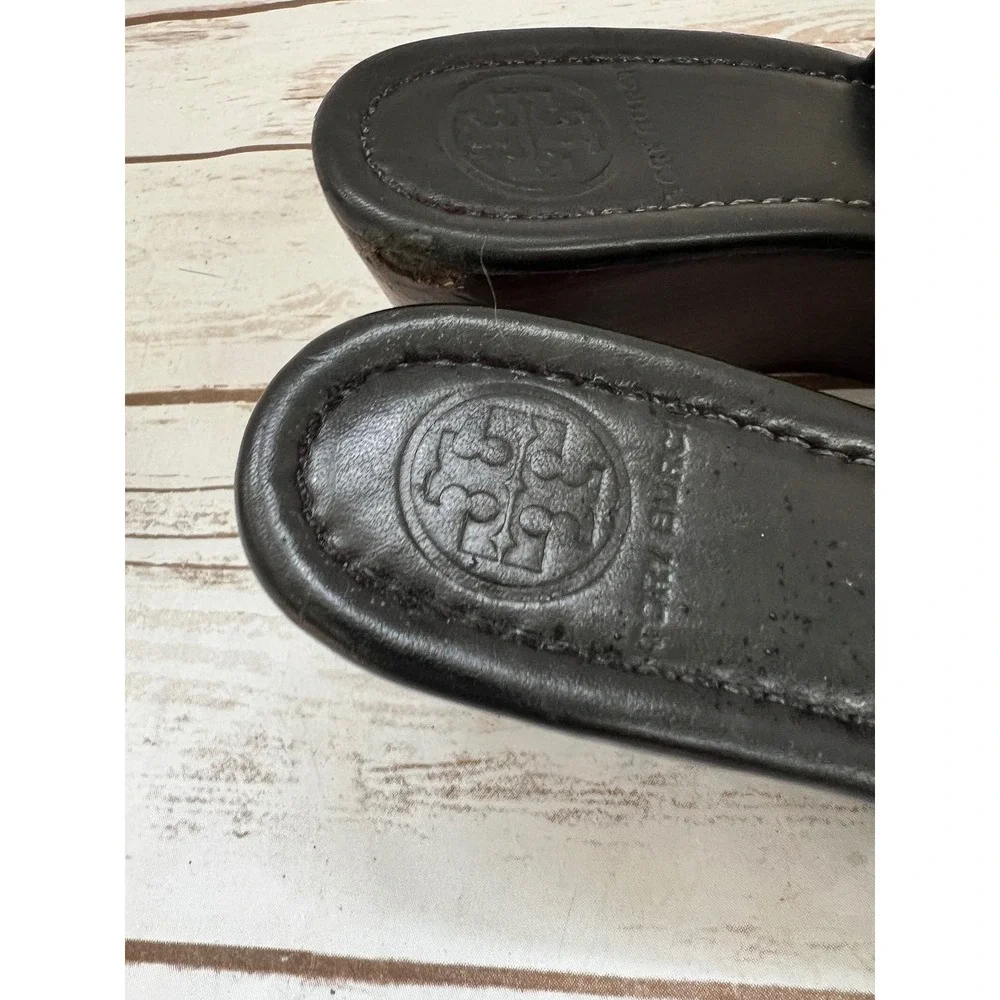 Tory Burch Wedge Sandals Black Patent Leather Logo Slide 8.5
